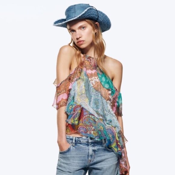 ✨HOST PICK✨ ZARA Blue and Pink Paisley Sheer Flowy Ruffle Top - Size Small - Picture 1 of 9